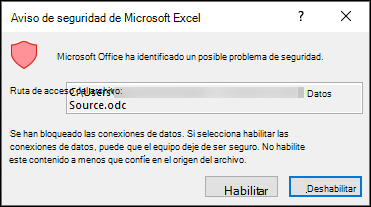 Aviso de seguridad de Microsoft Excel: indica que Excel ha identificado un posible problema de seguridad. Elija Habilitar si confía en la ubicación del archivo de origen y Deshabilitar si no lo hace.