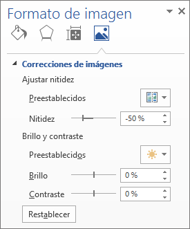 Opciones de correcciones de imágenes en el panel de tareas Formato de imagen