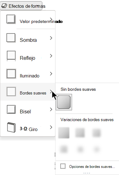 En el menú Efectos de formas, hay varias opciones de bordes suaves entre las que elegir.