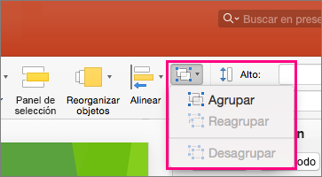Muestra el icono Grupo en la cinta de opciones de PowerPoint 2016 para Mac