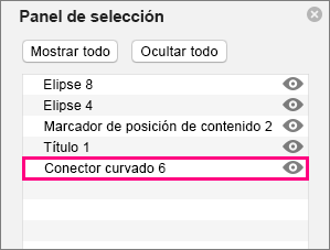 Muestra el conector en la parte inferior de la lista en el panel de selección