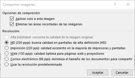 Cuadro de diálogo Comprimir imágenes