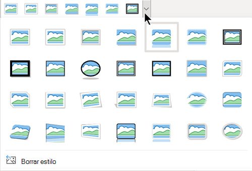 La galería de opciones Estilos de imagen incluye tres formas ovaladas y muchos rectángulos.