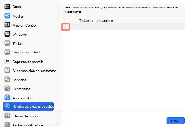 Captura de pantalla de métodos abreviados de teclado en Mac.