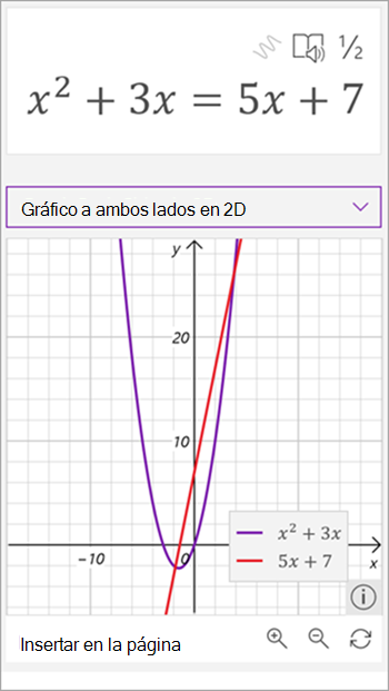 captura de pantalla de matemáticas asistente gráfico generado para la ecuación x cuadrado más 3 x es igual a 5 x más siete. Una línea se muestra en rojo y una parabola en púrpura