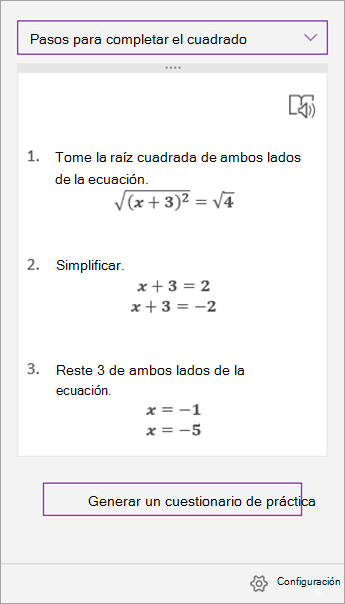 Pasos de la solución en el panel de tareas del Asistente para matemáticas