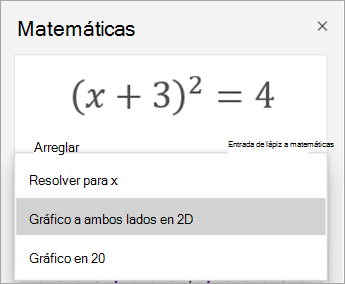 Opciones de gráfico en el panel Matemáticas