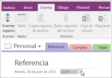 Captura de pantalla de cómo cambiar la marca de tiempo en una página de OneNote 2016.