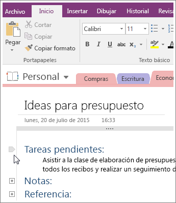 Captura de pantalla de cómo contraer un esquema en OneNote 2016.