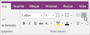 Captura de pantalla del botón Aumentar sangría en OneNote 2016.