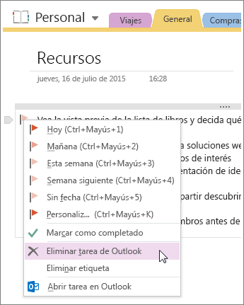 Captura de pantalla de cómo eliminar una tarea de Outlook en OneNote 2016.