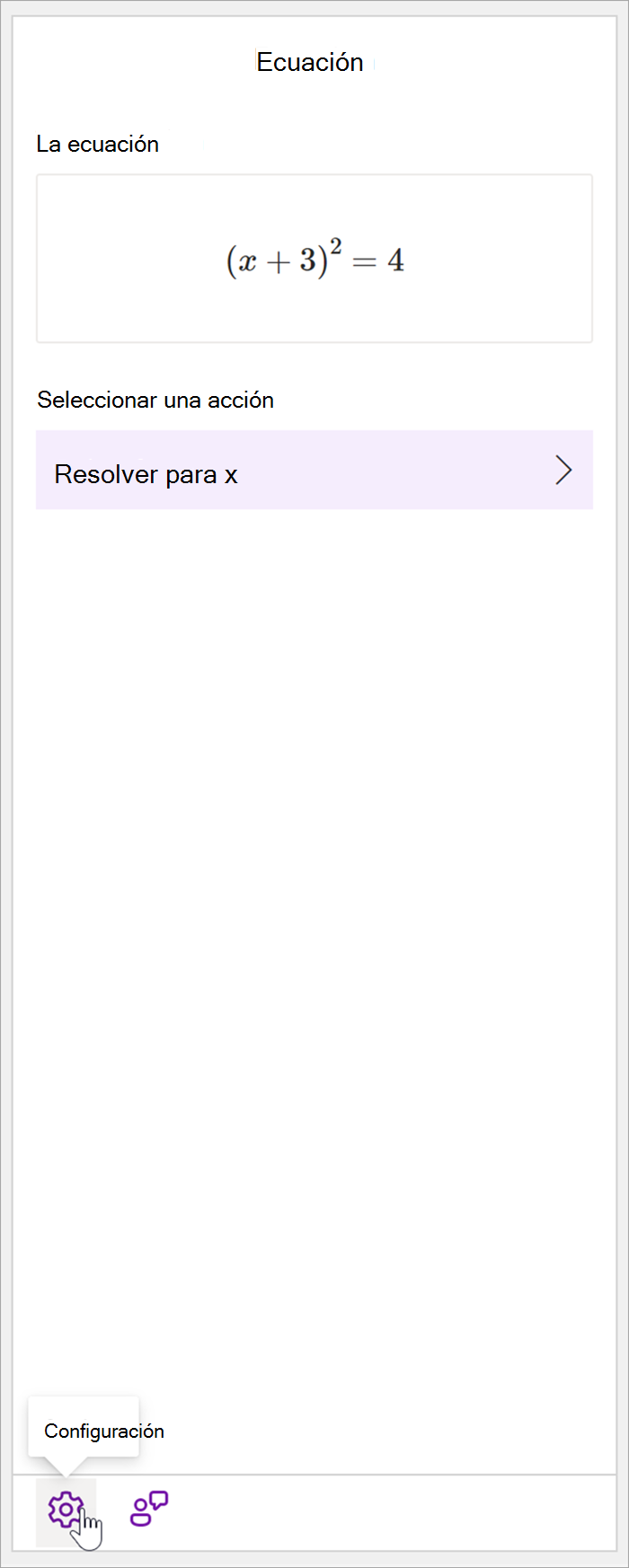 captura de pantalla del panel matemáticas del escritorio de OneNote con la ecuación (x+3)^2=4. En la sección Seleccionar una acción, la única acción disponible es Resolver antes de x.