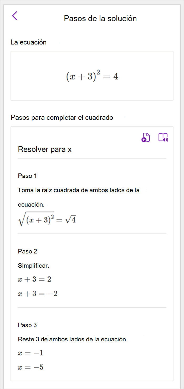 Captura de pantalla del panel matemáticas en la versión de escritorio de OneNote. Los pasos de la solución se muestran para usar el método de completar el cuadrado para resolver para x.
