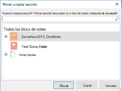 Cuadro de diálogo Mover o copiar sección de OneNote para Windows 2016