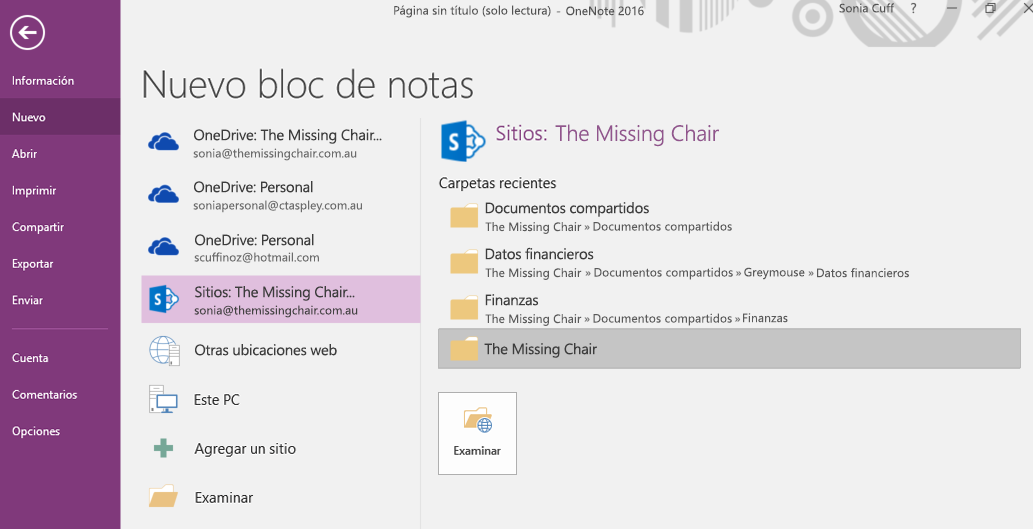 Interfaz de selección de carpeta para Nuevo bloc de notas en OneNote para Windows 2016