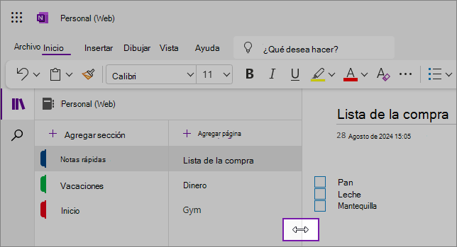 Recortes de pantalla que muestran cómo cambiar el tamaño de los paneles de navegación de OneNote