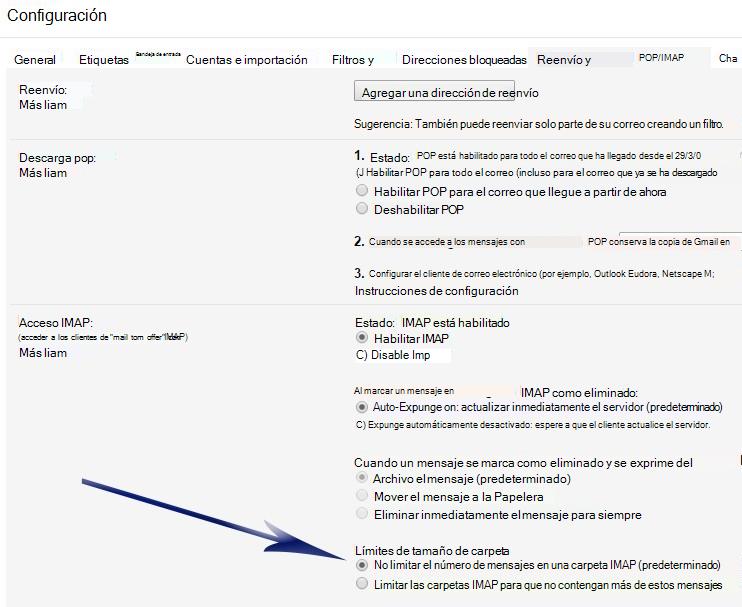 Muestra la pantalla Configuración. En la sección Acceso IMAP, hay una flecha que apunta a la primera opción en Límites de tamaño de carpeta (No limitar el número de mensajes...).