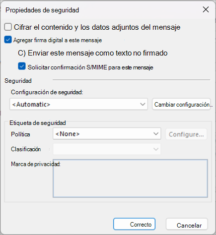 Active las casillas junto a Agregar firma digital a este mensaje y Solicitar confirmación S/MIME para este mensaje