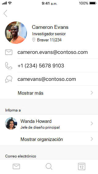 Ejemplos de tarjeta de contacto que muestran información de contacto e información adicional