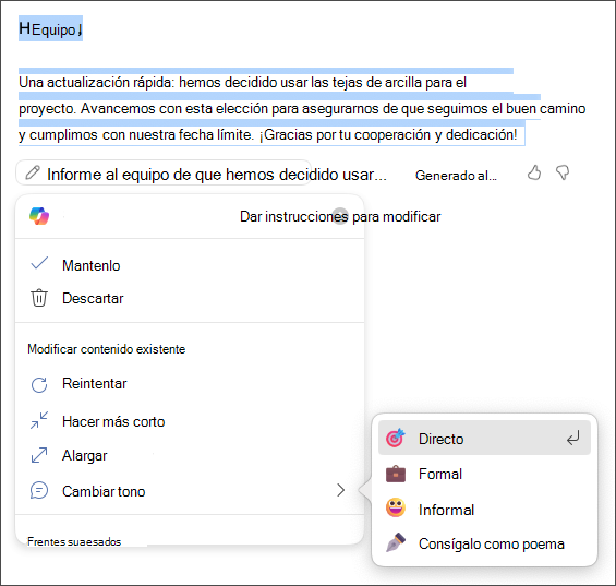 Elegir entre conservar, descartar, regenerar o cambiar las opciones de tono y longitud
