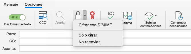 Opción Cifrar con S/MIME