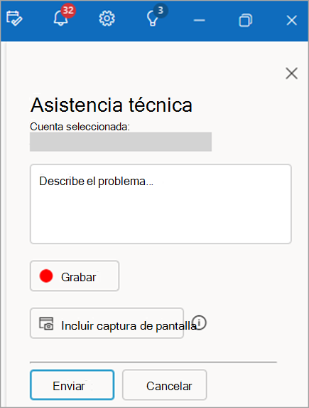 Captura de pantalla del panel de contacto con el soporte técnico que muestra el área para proporcionar una descripción del problema