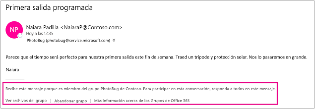 Todos los mensajes de correo electrónico que el invitado reciba de los miembros del grupo tendrán un pie de página con instrucciones y vínculos