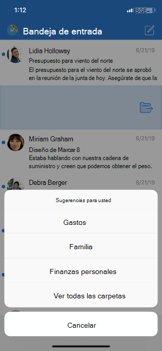 Se muestra una bandeja de entrada con una lista de opciones de carpeta y una opción para ver todas las carpetas.