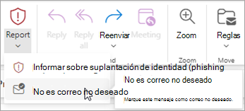 Puede usar el botón Informar > de correo no deseado para restaurar un mensaje de la carpeta de Email no deseado y, después, indicar a Outlook que deje de enviar mensajes de ese remitente a la carpeta Email no deseado.