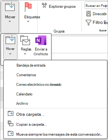 Seleccione un elemento eliminado que quiera restaurar y, después, use el botón Mover de la cinta de opciones para moverlo a otra carpeta.