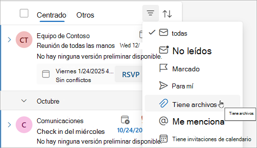 Seleccione tiene archivos para buscar todos los mensajes con datos adjuntos.