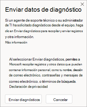 Captura de pantalla de la ventana que muestra cómo enviar datos de diagnóstico al hablar con un agente