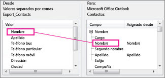 Asignación de una columna de Excel a un campo de contacto de Outlook