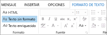 Opciones de formato de mensaje de la pestaña Aplicar formato al texto