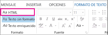 Opción de formato HTML de la pestaña Formato de texto de un mensaje