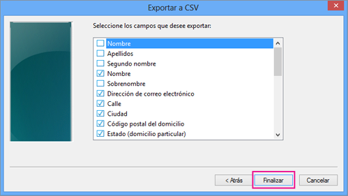 Elija los campos que desea exportar al archivo CSV y elija Finalizar.