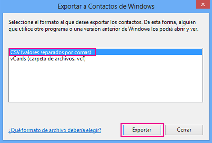 Seleccione CSV y, a continuación, Exportar.