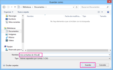 Escriba un nombre para el archivo CSV y, a continuación, elija Guardar.