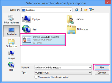 Elija el archivo vCard que desea importar al archivo CSV.