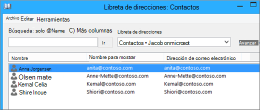 Cuando los contactos se importan de Google Gmail a Office 365, los verá en la lista Libreta de direcciones: Contactos