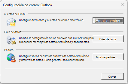 Configuración de correo: cuadro de diálogo de Outlook al que se obtiene acceso a través de la configuración de Correo en Panel de control.