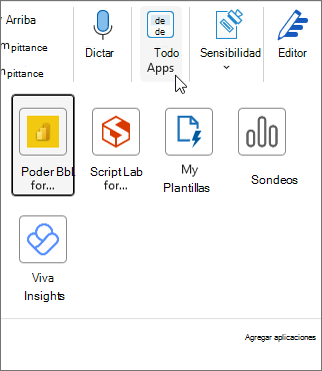 Menú flotante Todas las aplicaciones en Outlook para Windows.