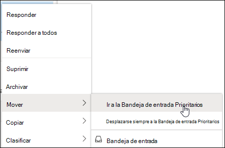 Captura de pantalla que muestra el menú contextual con las opciones Mover a bandeja de entrada Prioritarios y Desplazarse siempre a la Bandeja de entrada Prioritarios.