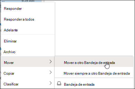 Captura de pantalla que muestra el menú contextual con las opciones Mover a la bandeja de entrada Otros y Mover siempre a la Bandeja de entrada Otros.