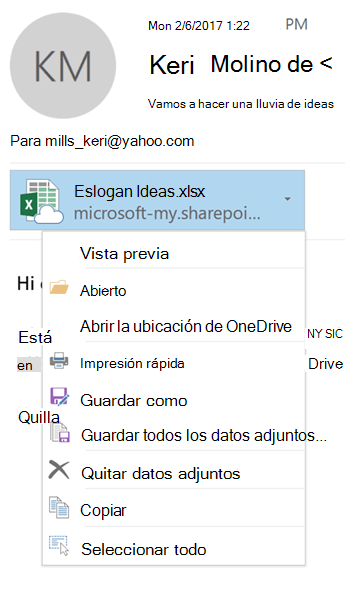 Elija la flecha desplegable en la parte derecha del icono de datos adjuntos para ver el menú de datos adjuntos