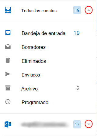Muestra las carpetas de Outlook con flechas desplegables rodeadas en el lado derecho de la pantalla.