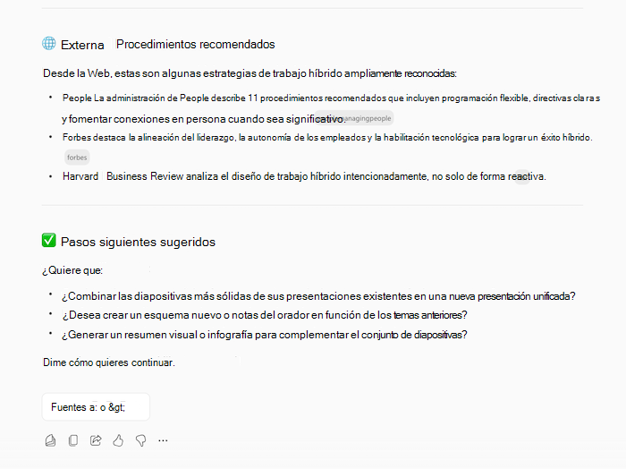 Captura de pantalla de la respuesta de Copilots para crear una presentación, que muestra información sobre el tema solicitado y preguntas de seguimiento.