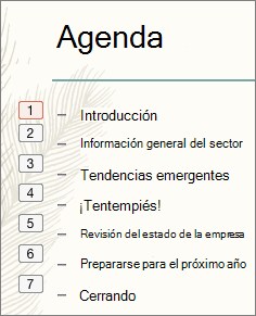 Cada viñeta de la lista muestra el orden de las animaciones en un pequeño cuadro a la izquierda