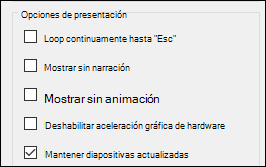 El grupo Mostrar opciones de Configurar presentación con diapositivas con la opción Mantener diapositivas actualizadas habilitada.