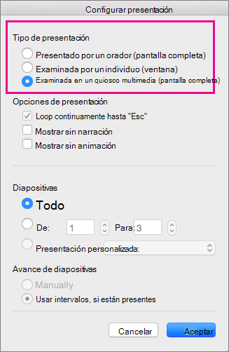 Opciones de tipo de presentación